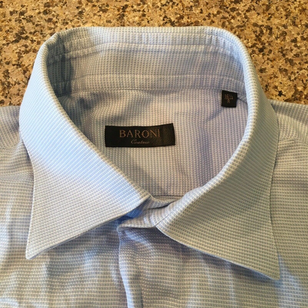 Baroni Couture Size 16.5 Mens Blue Stripe Textured Button Up Shirt Long Sleeve